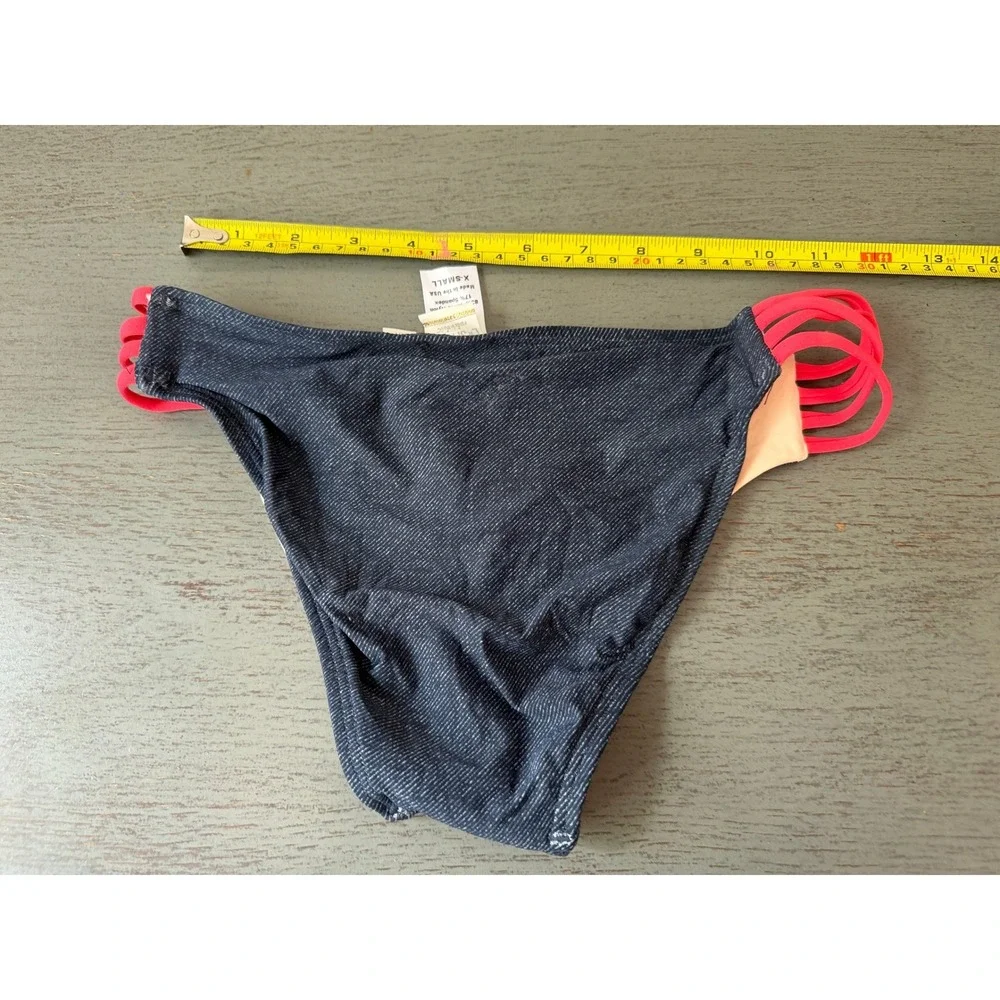 L Space Denim Print Strappy Bikini Bottoms Full Cut Blue Coral XS NWOT
